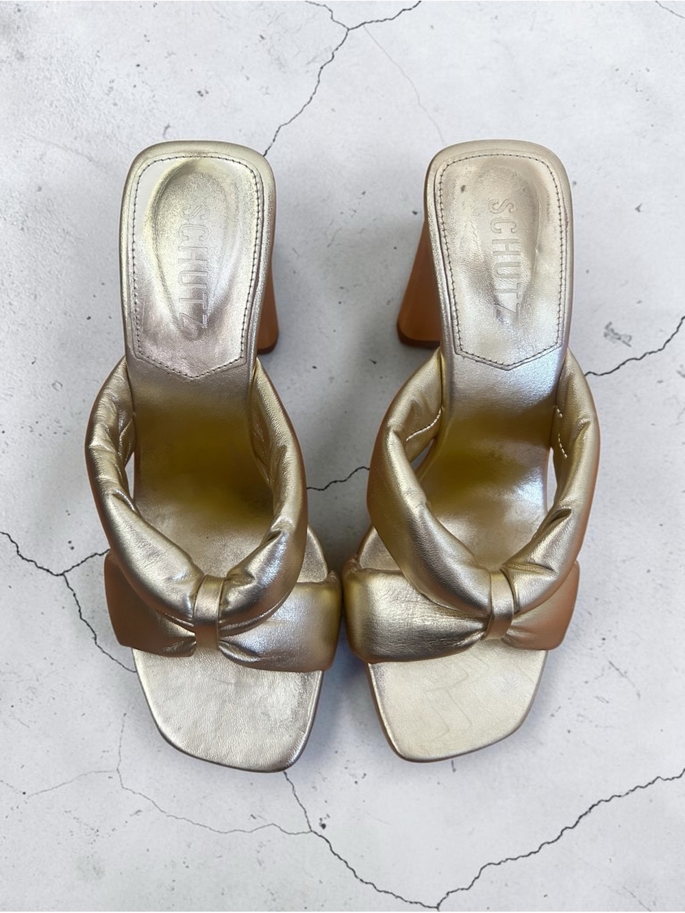 SCHUTZ Metallic Gold Knot-Front Block Heel Mules